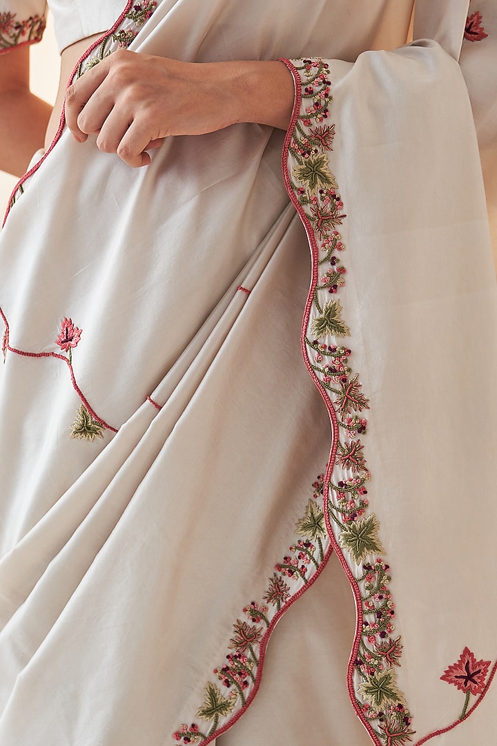Ivory Pure Silk Embroidered Wedding Saree Set by JANKI INDIA at Pernia's Pop Up Shop