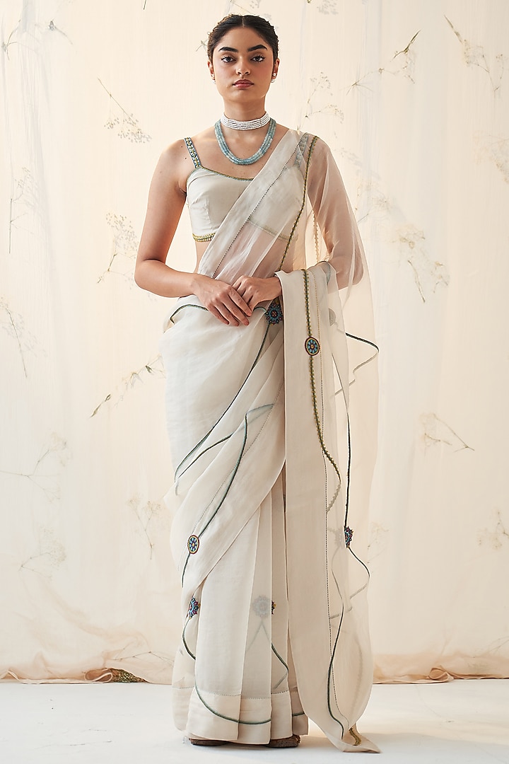 Ivory Organza Wedding Saree Set by JANKI INDIA at Pernia's Pop Up Shop