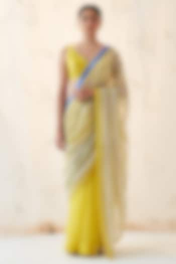 Yellow & Ivory Chanderi Thread & Floral Embroidered Saree Set by JANKI INDIA at Pernia's Pop Up Shop