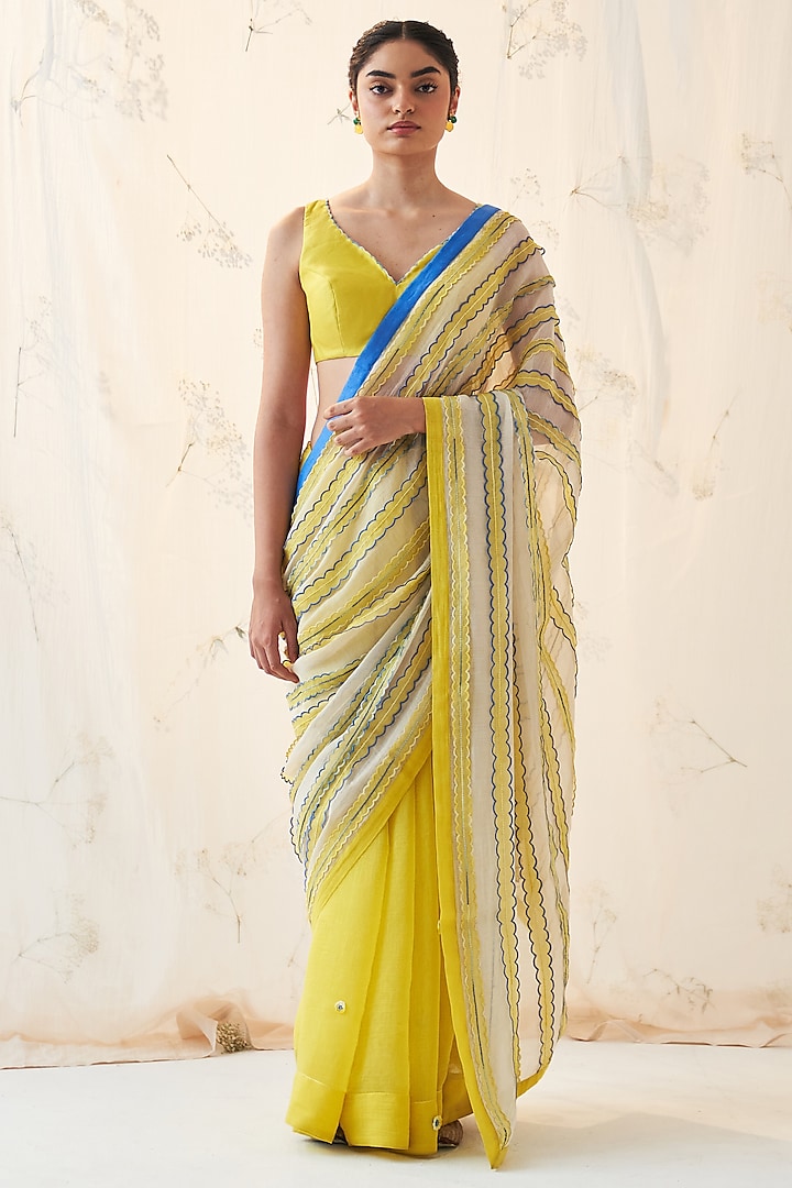 Yellow & Ivory Chanderi Thread & Floral Embroidered Saree Set by JANKI INDIA at Pernia's Pop Up Shop