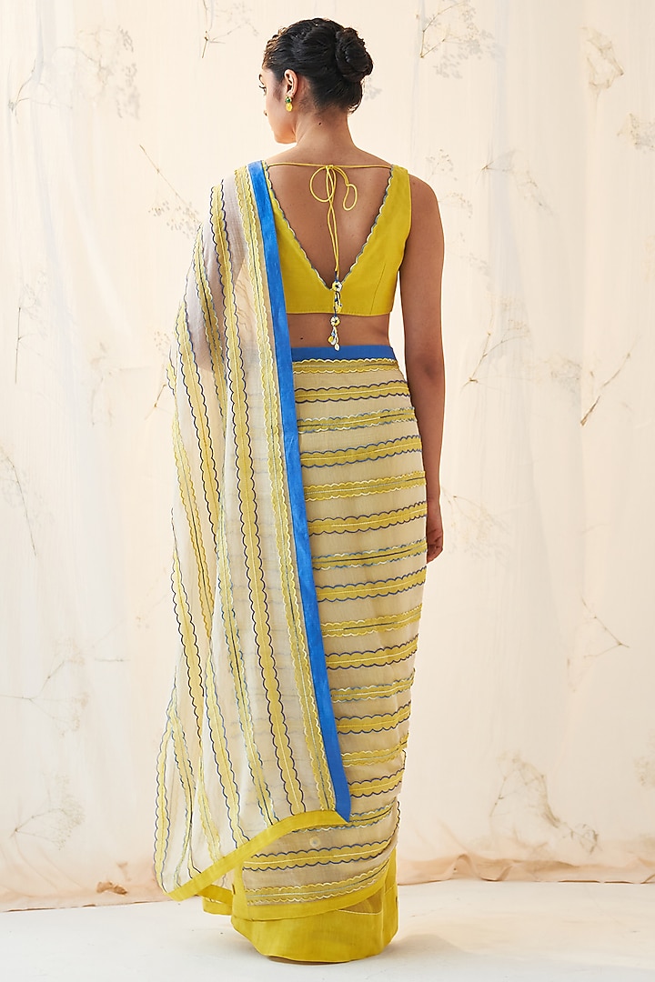 Yellow & Ivory Chanderi Thread & Floral Embroidered Wedding Saree Set by JANKI INDIA at Pernia's Pop Up Shop