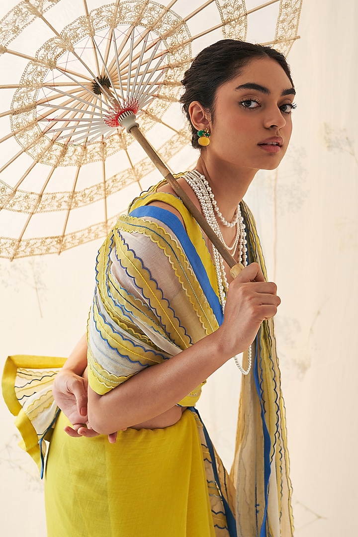Yellow & Ivory Chanderi Thread & Floral Embroidered Wedding Saree Set by JANKI INDIA at Pernia's Pop Up Shop