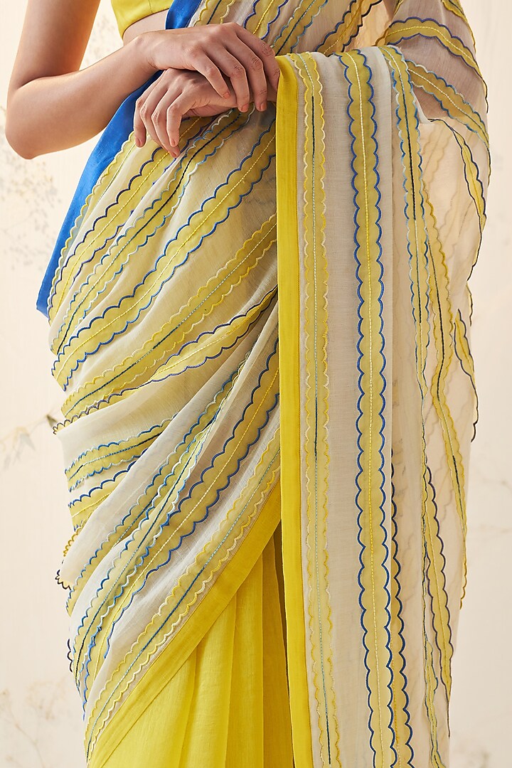 Yellow & Ivory Chanderi Thread & Floral Embroidered Wedding Saree Set by JANKI INDIA at Pernia's Pop Up Shop