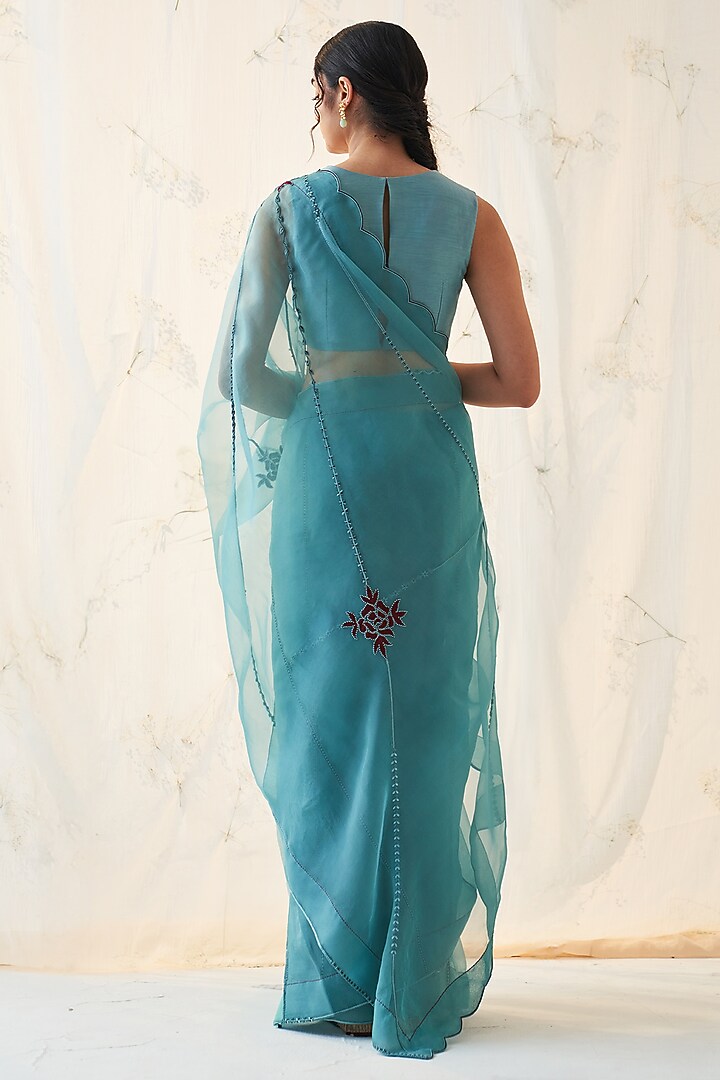 Teal Organza Patch Work Wedding Saree Set by JANKI INDIA at Pernia's Pop Up Shop