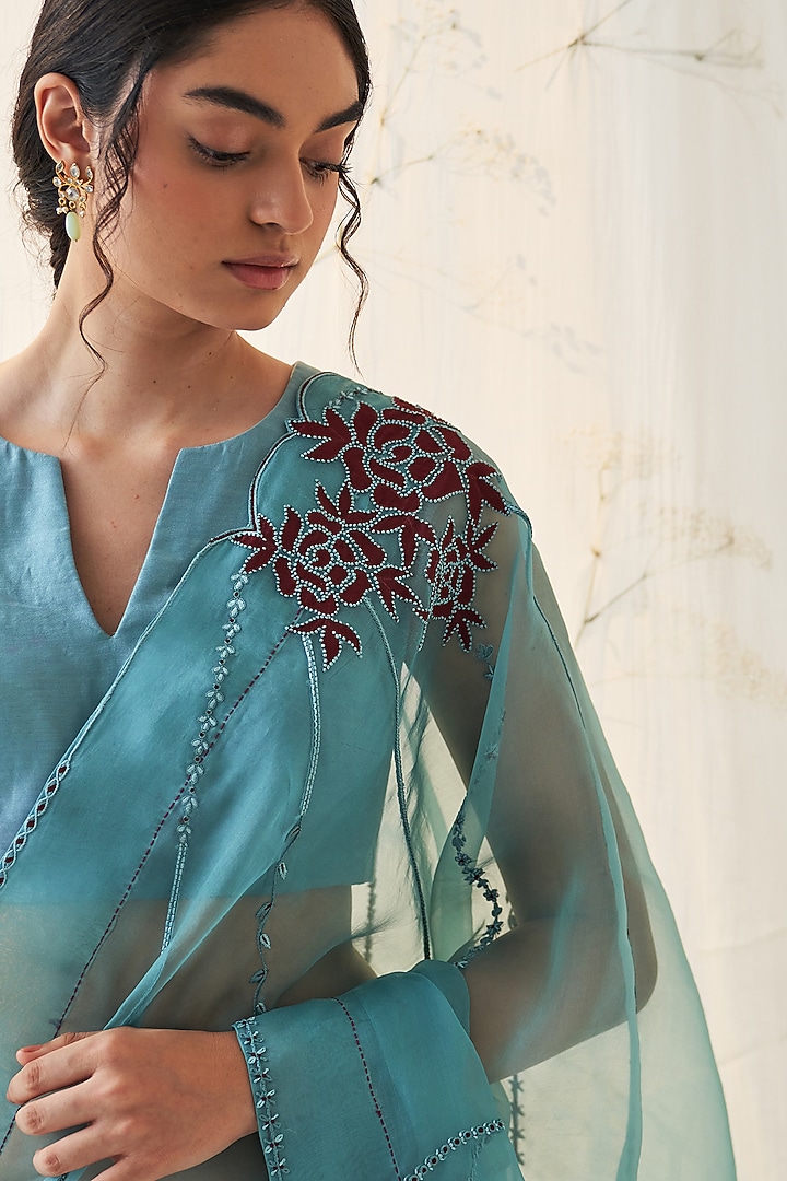 Teal Organza Patch Work Wedding Saree Set by JANKI INDIA at Pernia's Pop Up Shop
