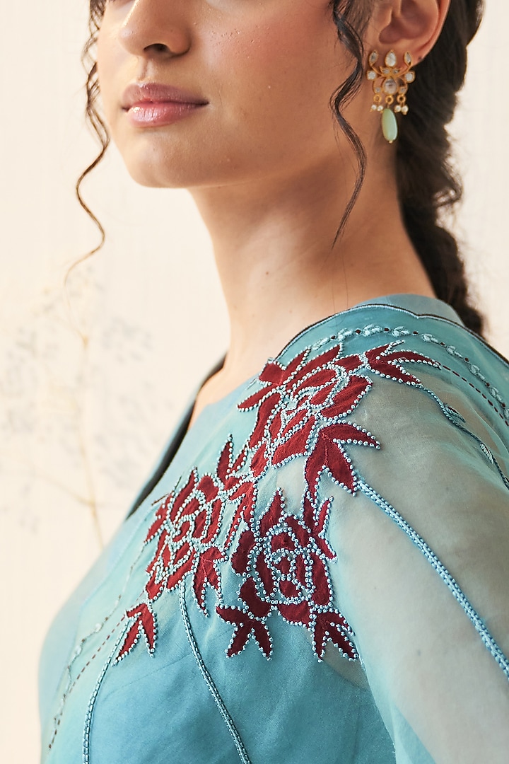 Teal Organza Patch Work Wedding Saree Set by JANKI INDIA at Pernia's Pop Up Shop