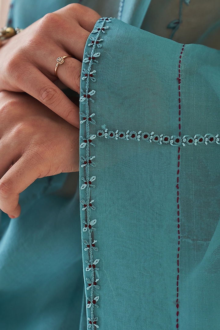 Teal Organza Patch Work Wedding Saree Set by JANKI INDIA at Pernia's Pop Up Shop