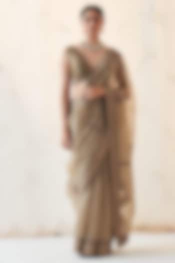 Deep Champagne Gold Organza Hand Embroidered Saree Set by JANKI INDIA at Pernia's Pop Up Shop