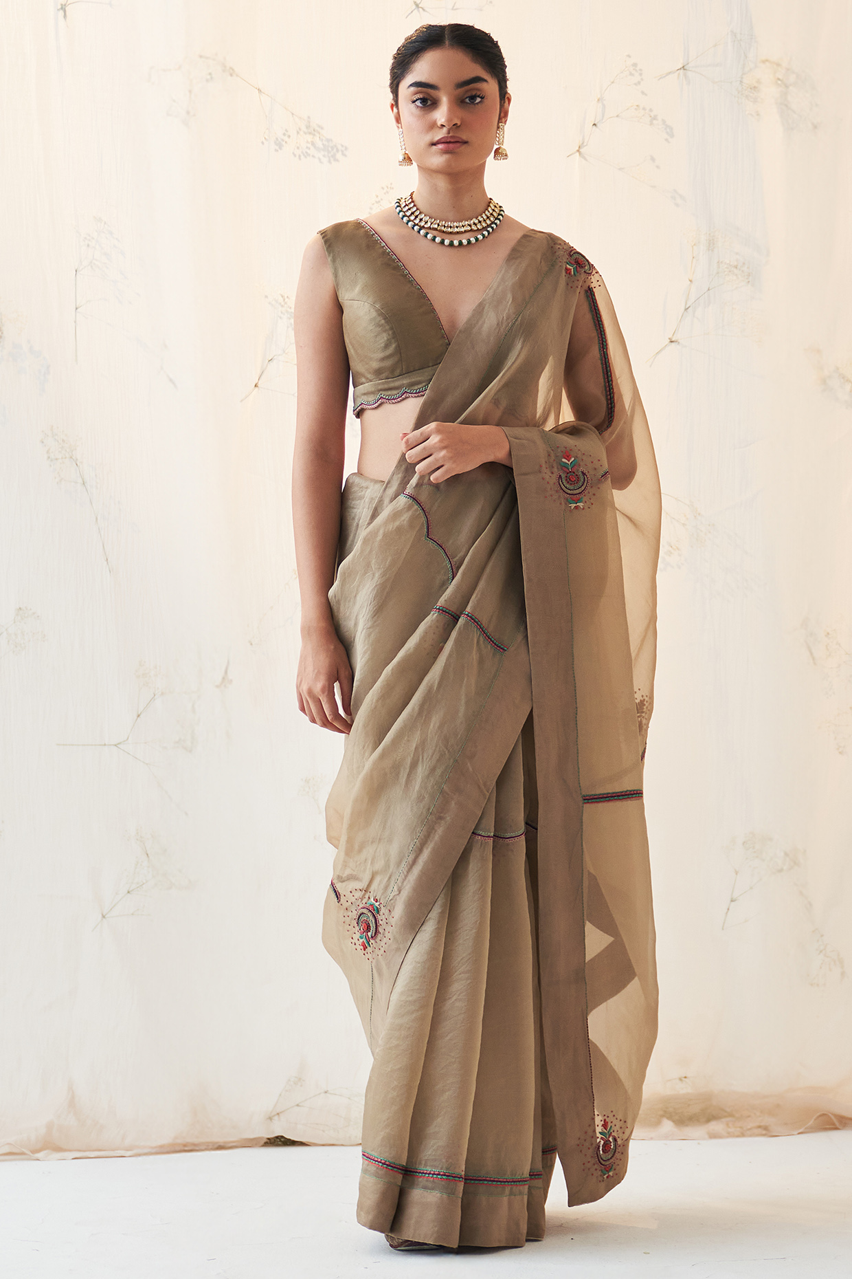 Deep Champagne Gold Organza Hand Embroidered Saree Set by JANKI INDIA at Pernia's Pop Up Shop