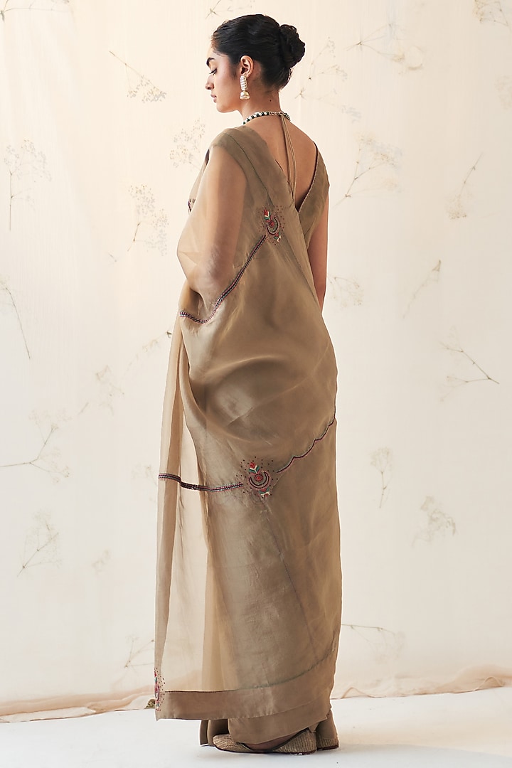 Deep Champagne Gold Organza Hand Embroidered Wedding Saree Set by JANKI INDIA at Pernia's Pop Up Shop