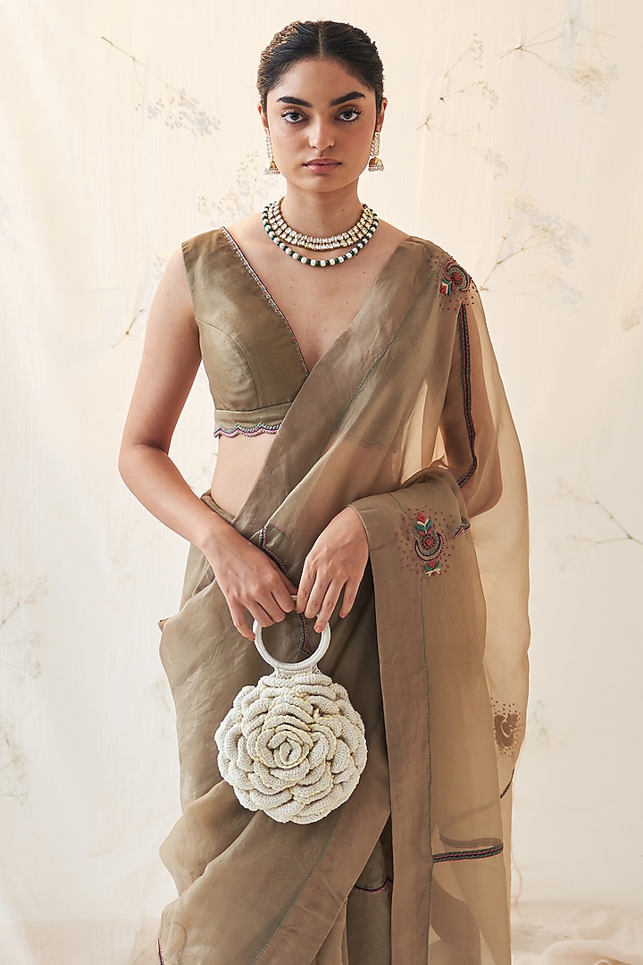 Deep Champagne Gold Organza Hand Embroidered Wedding Saree Set by JANKI INDIA at Pernia's Pop Up Shop