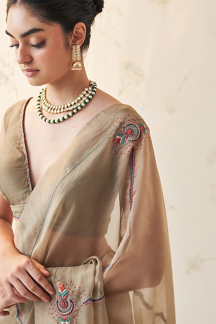 Deep Champagne Gold Organza Hand Embroidered Wedding Saree Set by JANKI INDIA at Pernia's Pop Up Shop
