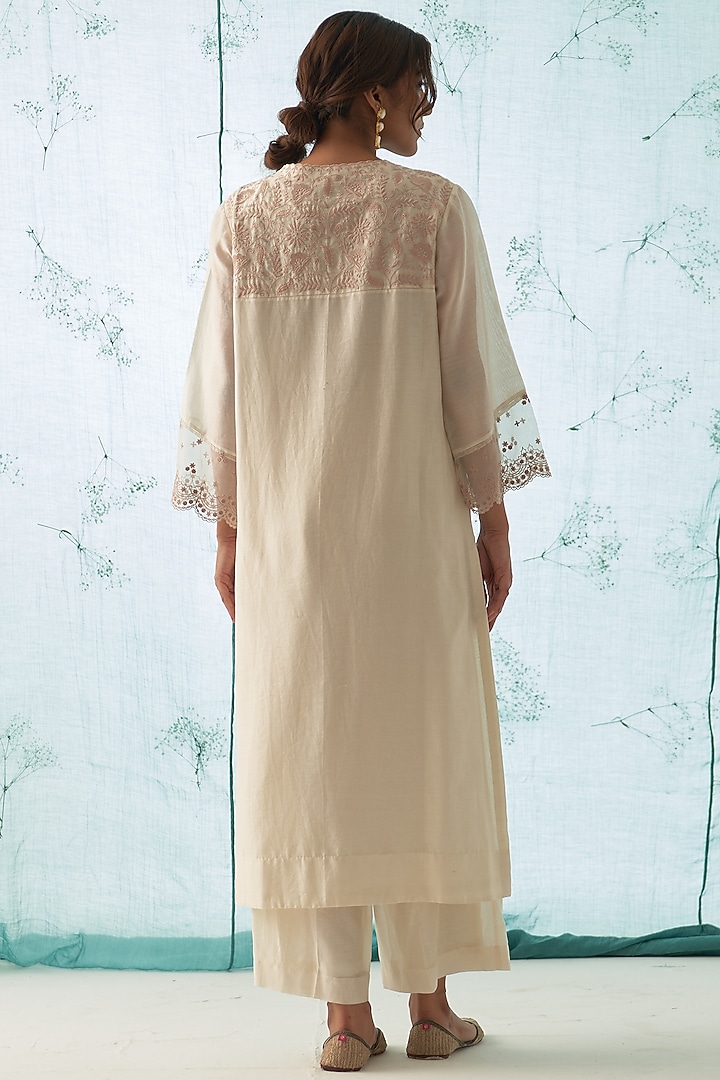 Ivory Chanderi Embroidered Kurta Set by JANKI INDIA at Pernia's Pop Up Shop
