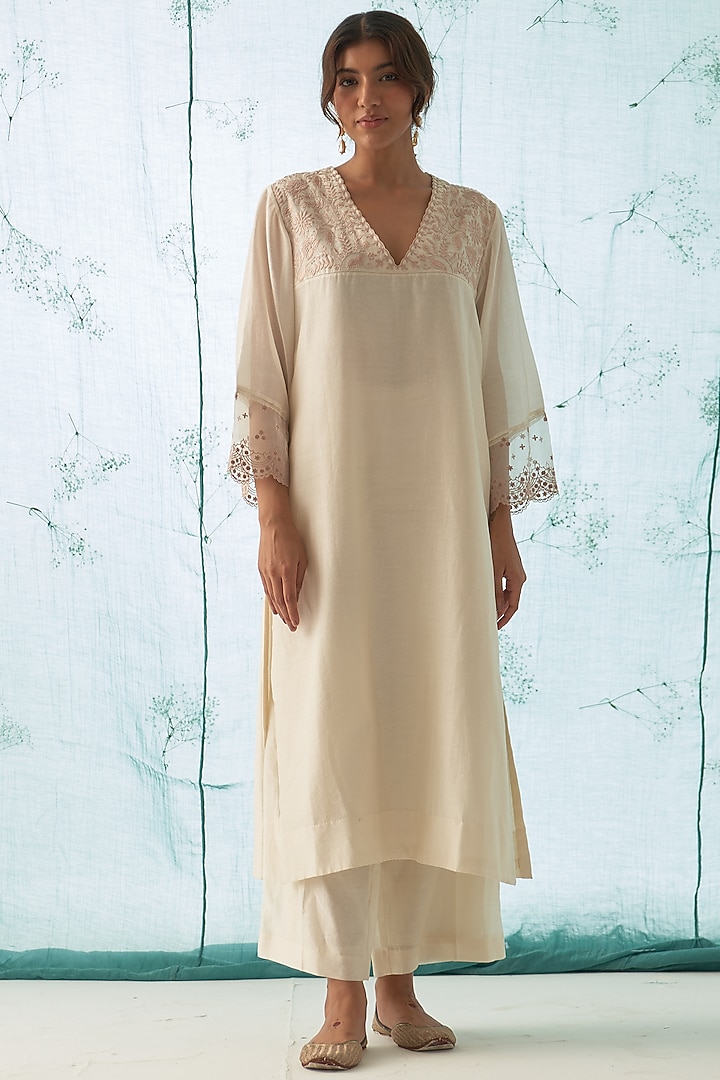 Ivory Chanderi Embroidered Kurta Set by JANKI INDIA at Pernia's Pop Up Shop