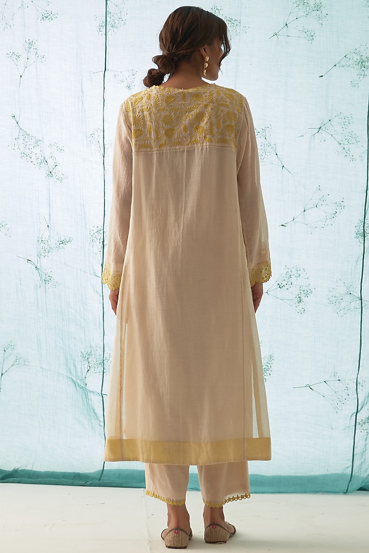 Ivory Organic Chanderi Embroidered Kurta Set by JANKI INDIA at Pernia's Pop Up Shop