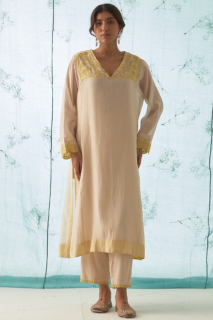 Ivory Organic Chanderi Embroidered Kurta Set by JANKI INDIA at Pernia's Pop Up Shop
