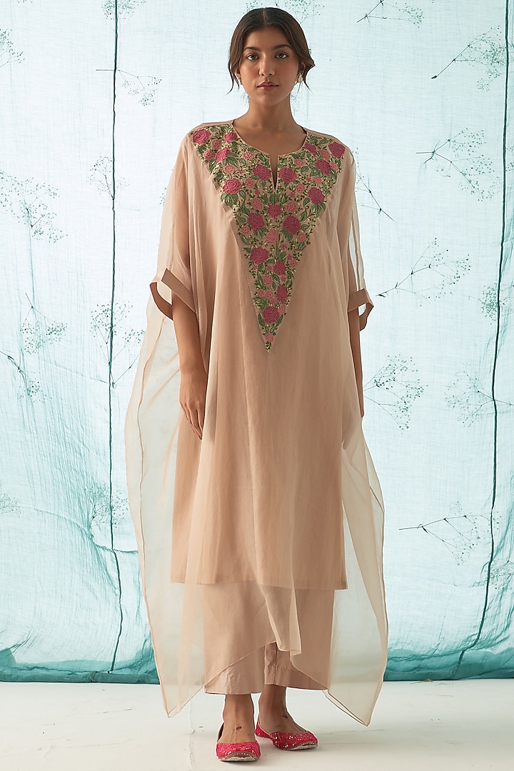 Rose Gold Silk Organza Embroidered Kurta Set by JANKI INDIA at Pernia's Pop Up Shop