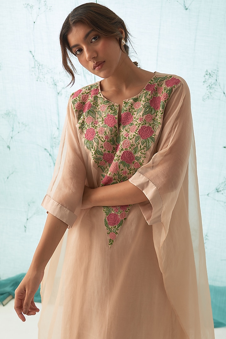Rose Gold Silk Organza Embroidered Kurta Set by JANKI INDIA at Pernia's Pop Up Shop