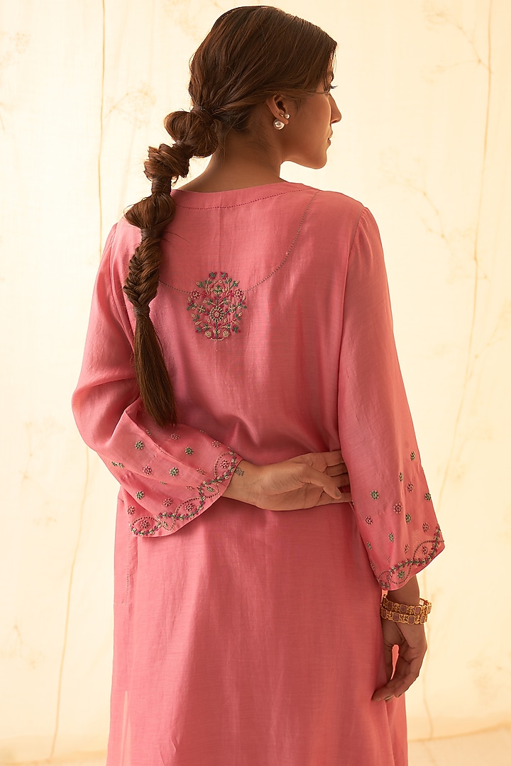 Pink Chanderi Handwork Kurta Set by JANKI INDIA at Pernia's Pop Up Shop