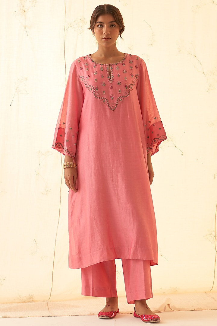 Pink Chanderi Handwork Kurta Set by JANKI INDIA at Pernia's Pop Up Shop