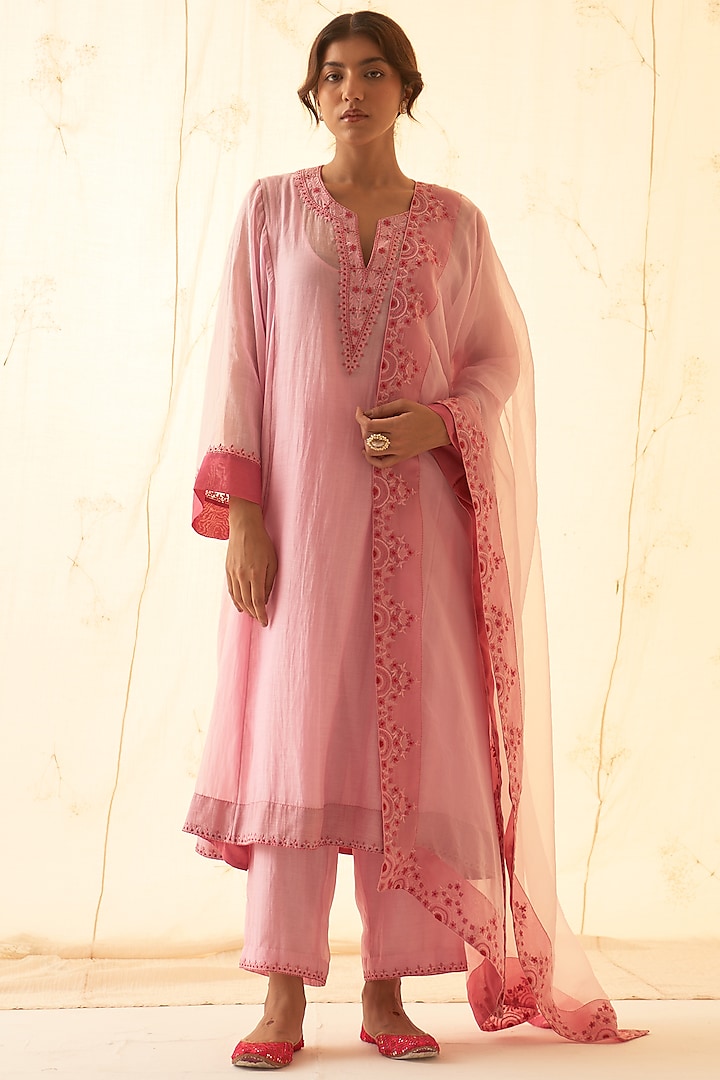 Pink Chanderi Handwork & Embroidered Kurta Set by JANKI INDIA at Pernia's Pop Up Shop