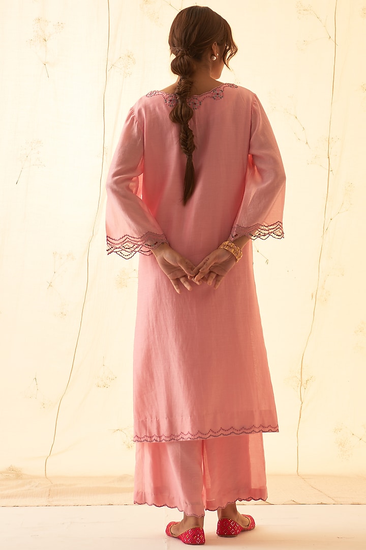 Pink Chanderi Handwork & Embroidered Kurta Set by JANKI INDIA at Pernia's Pop Up Shop