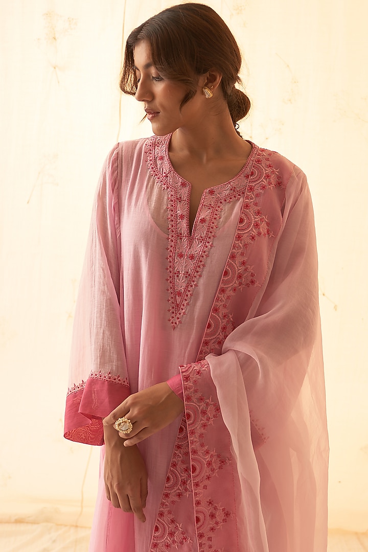 Pink Chanderi Handwork & Embroidered Kurta Set by JANKI INDIA at Pernia's Pop Up Shop