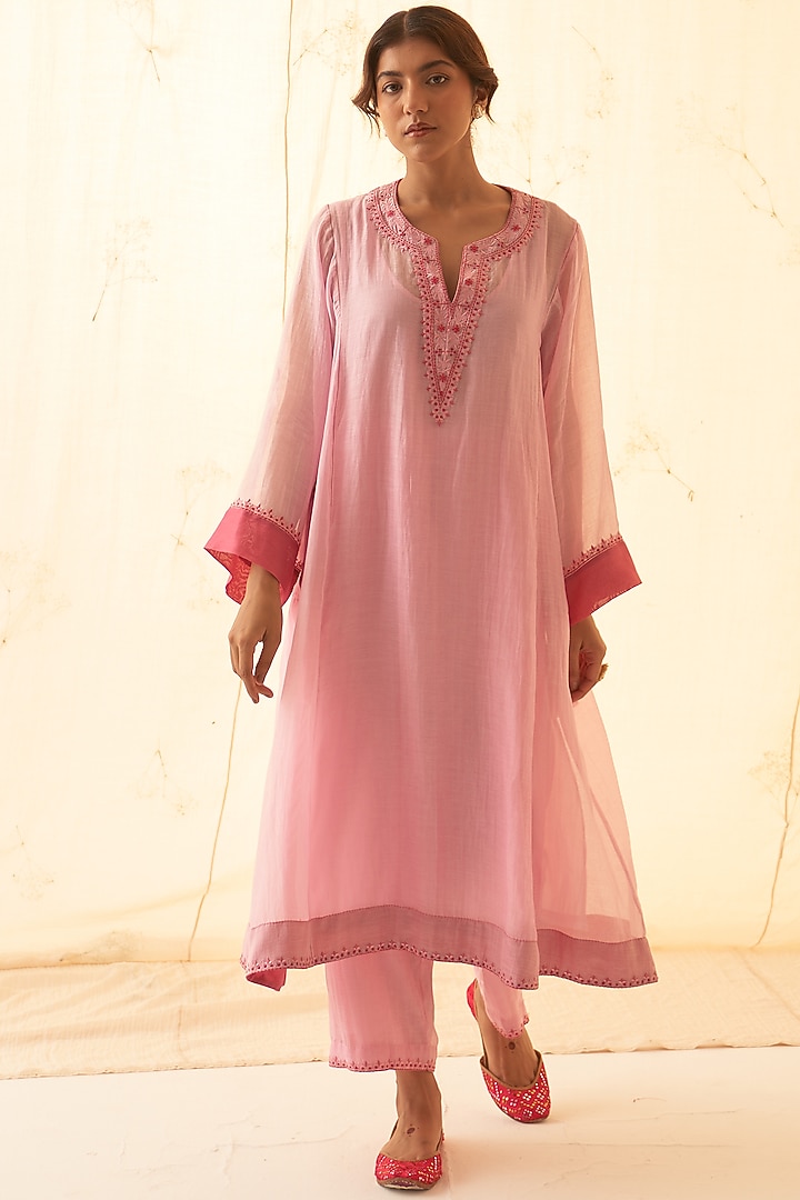 Pink Chanderi Handwork & Embroidered Kurta Set by JANKI INDIA at Pernia's Pop Up Shop