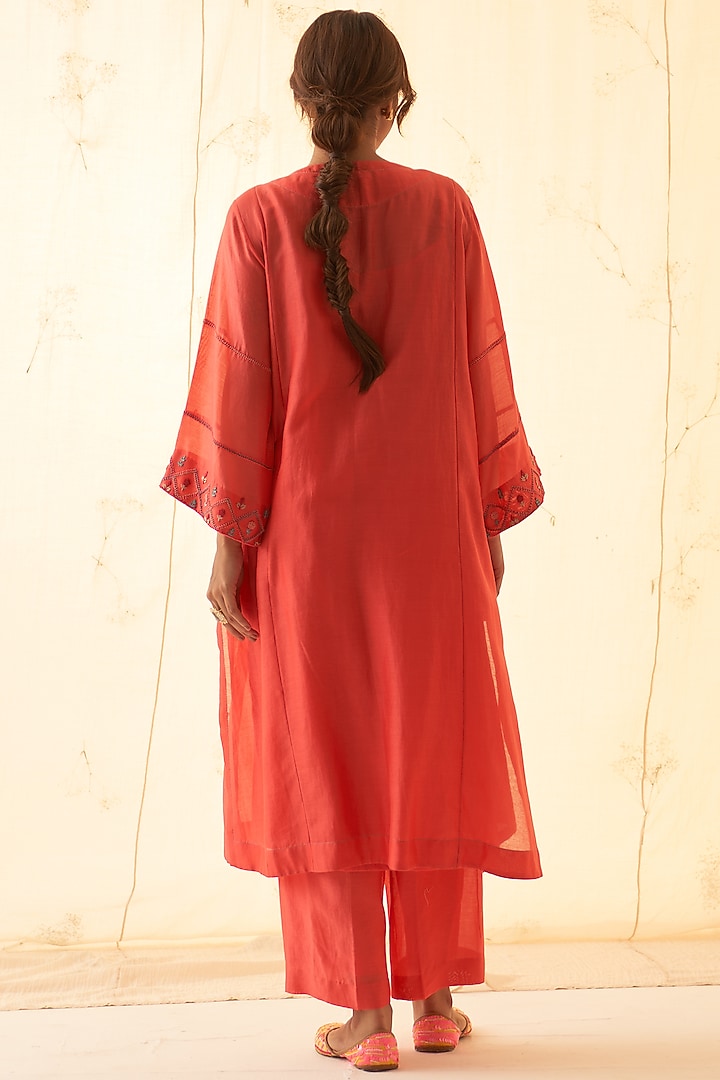 Coral Chanderi Handwork & Embroidered Kurta Set by JANKI INDIA at Pernia's Pop Up Shop