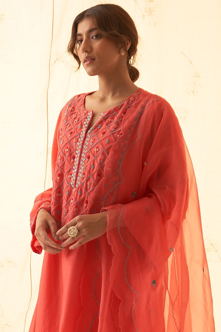 Coral Chanderi Handwork & Embroidered Kurta Set by JANKI INDIA at Pernia's Pop Up Shop