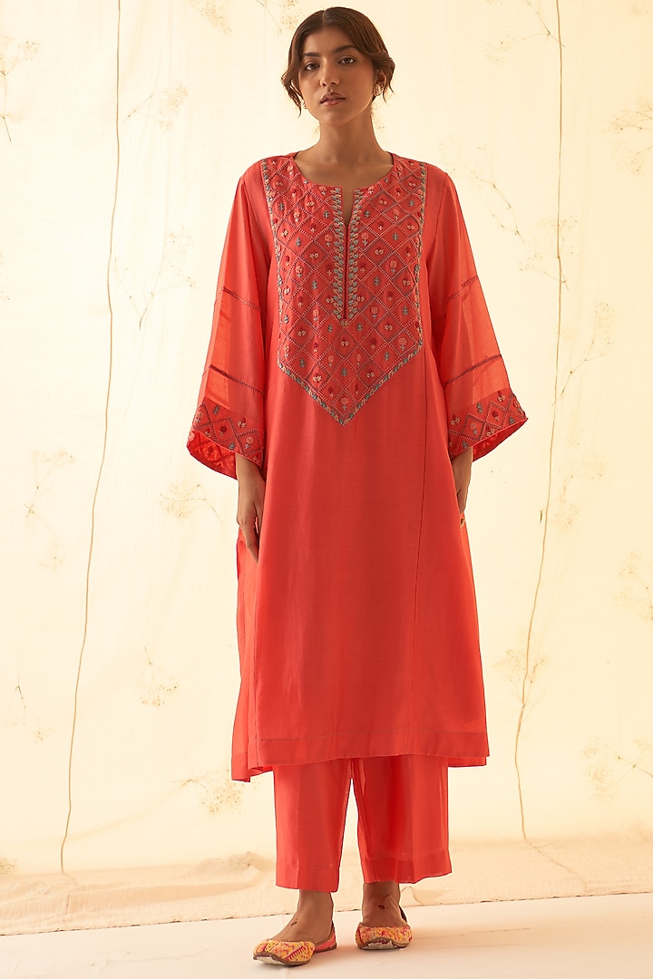Coral Chanderi Handwork & Embroidered Kurta Set by JANKI INDIA at Pernia's Pop Up Shop