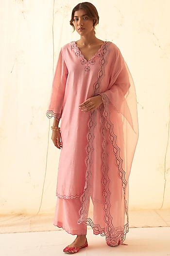 Pink Chanderi Embroidered Kurta Set by JANKI INDIA at Pernia's Pop Up Shop