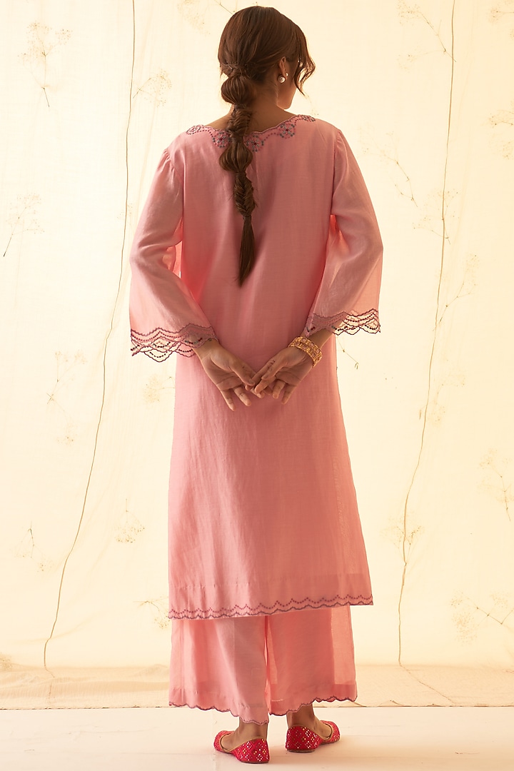 Pink Chanderi Embroidered Kurta Set by JANKI INDIA at Pernia's Pop Up Shop