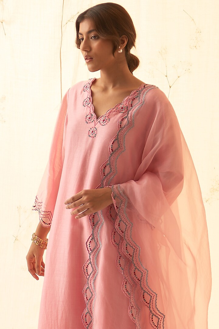 Pink Chanderi Embroidered Kurta Set by JANKI INDIA at Pernia's Pop Up Shop