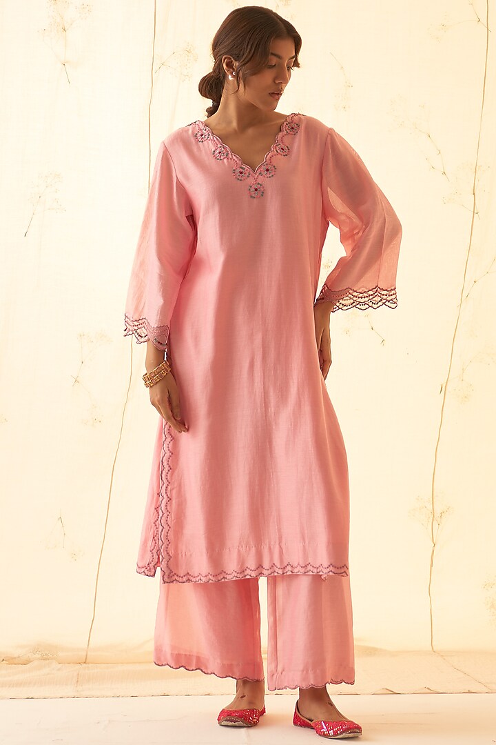 Pink Chanderi Embroidered Kurta Set by JANKI INDIA at Pernia's Pop Up Shop