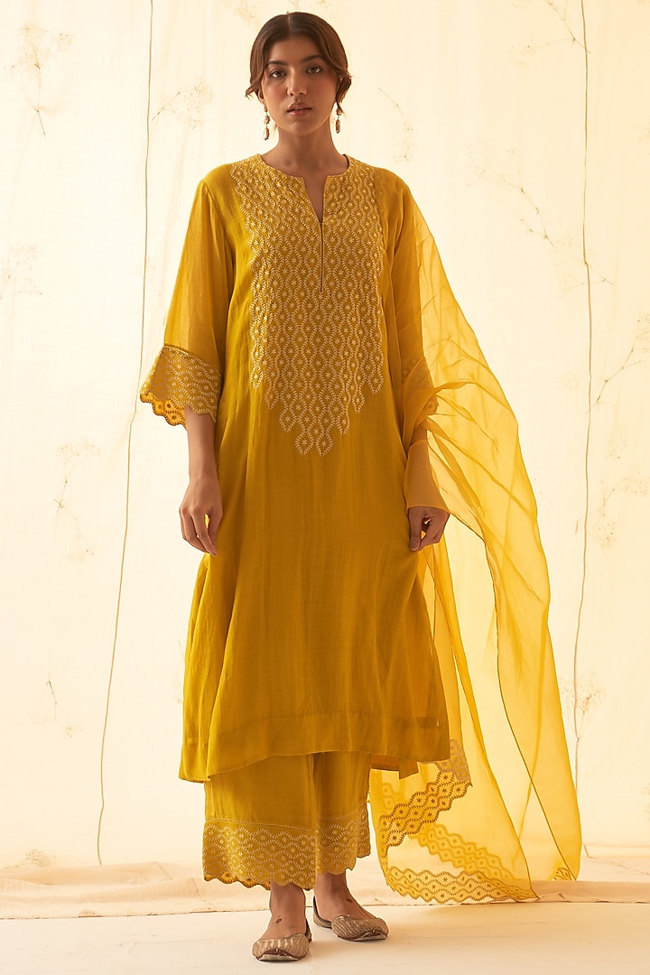 Yellow Chanderi Embroidered Kurta Set by JANKI INDIA at Pernia's Pop Up Shop
