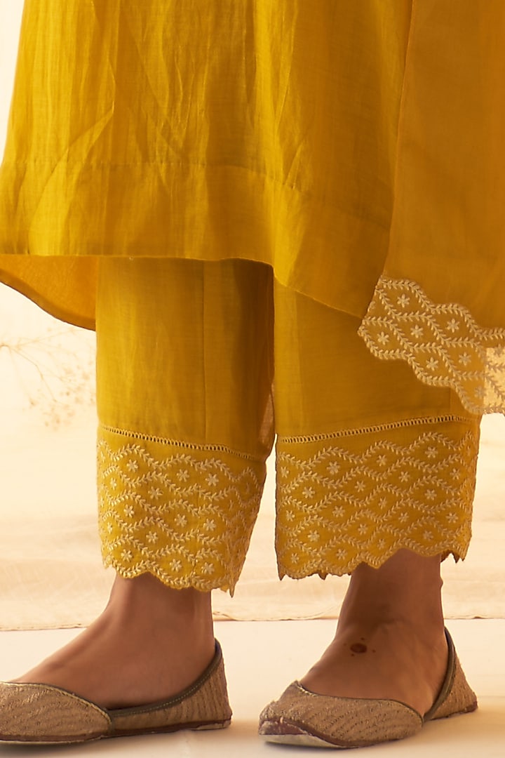 Yellow Chanderi Embroidered Kurta Set by JANKI INDIA at Pernia's Pop Up Shop