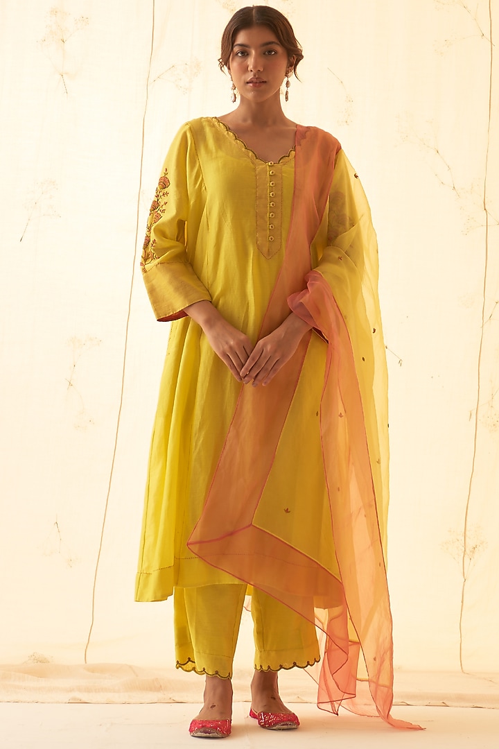 Yellow Organic Chanderi Embroidered Kurta Set by JANKI INDIA at Pernia's Pop Up Shop