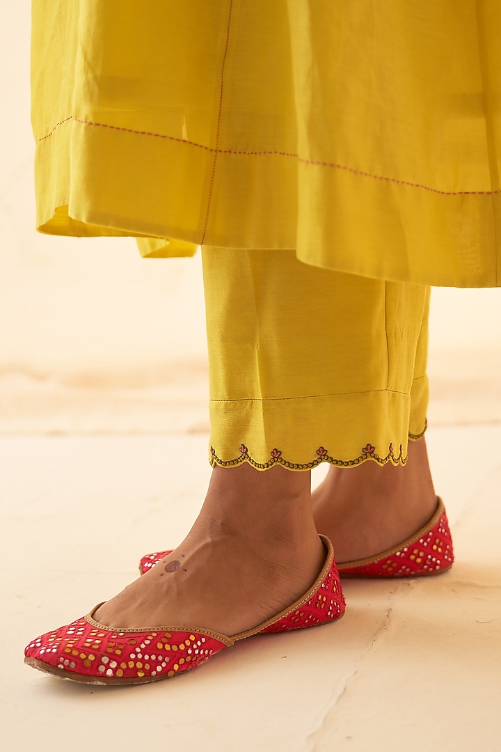 Yellow Organic Chanderi Embroidered Kurta Set by JANKI INDIA at Pernia's Pop Up Shop