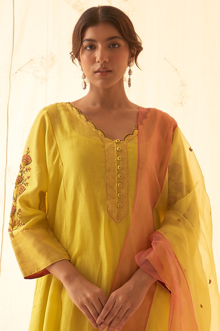 Yellow Organic Chanderi Embroidered Kurta Set by JANKI INDIA at Pernia's Pop Up Shop