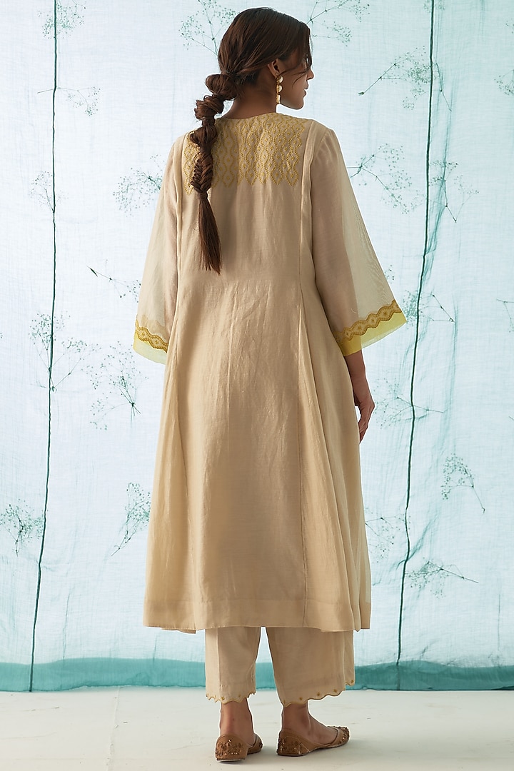 Ivory Chanderi Handwork & Embroidered Kurta Set by JANKI INDIA at Pernia's Pop Up Shop