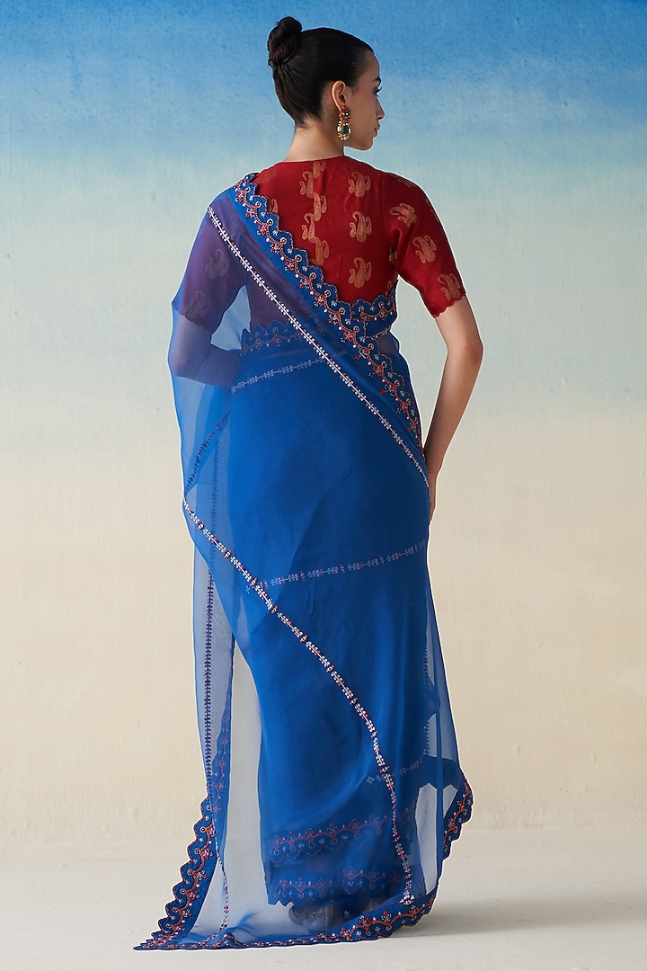 Midnight Blue Organza Embroidered Wedding Saree by JANKI INDIA at Pernia's Pop Up Shop