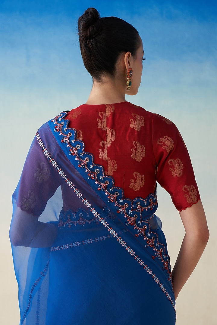 Midnight Blue Organza Embroidered Wedding Saree by JANKI INDIA at Pernia's Pop Up Shop