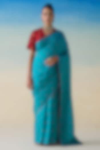 Turquoise Silk Embroidered Saree by JANKI INDIA at Pernia's Pop Up Shop