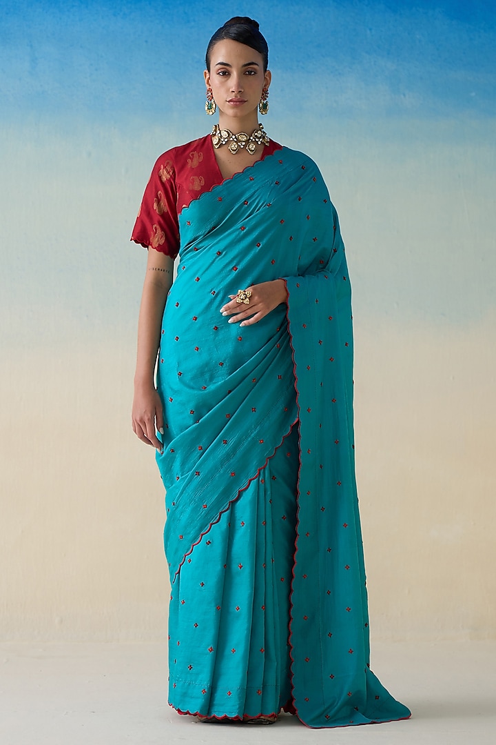 Turquoise Silk Embroidered Saree by JANKI INDIA at Pernia's Pop Up Shop