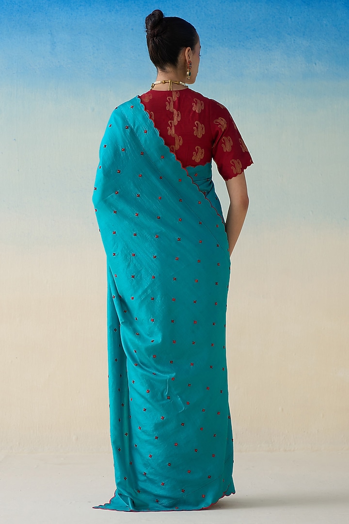 Turquoise Silk Embroidered Wedding Saree by JANKI INDIA at Pernia's Pop Up Shop
