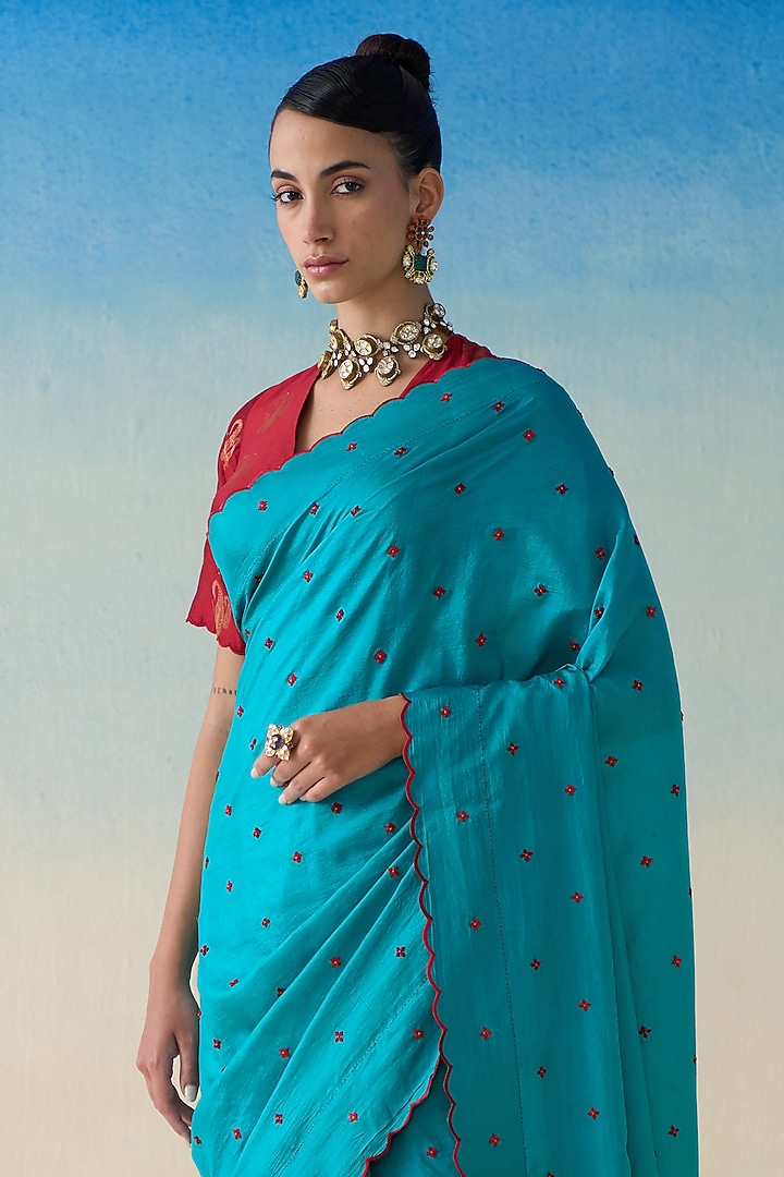 Turquoise Silk Embroidered Wedding Saree by JANKI INDIA at Pernia's Pop Up Shop