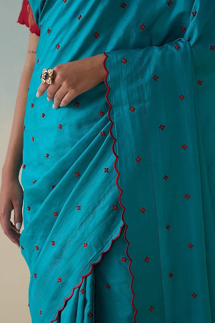 Turquoise Silk Embroidered Wedding Saree by JANKI INDIA at Pernia's Pop Up Shop