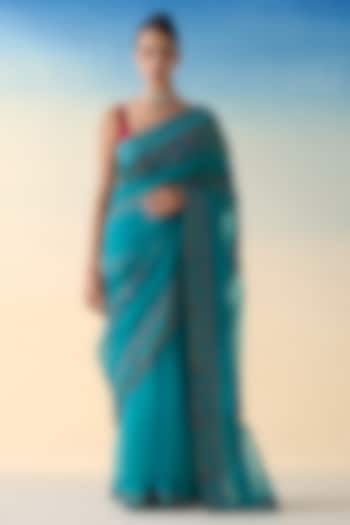 Turquoise Silk & Organza Embroidered Saree by JANKI INDIA at Pernia's Pop Up Shop