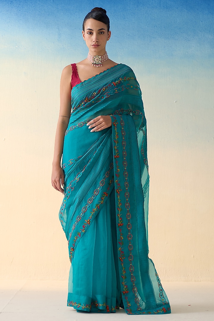 Turquoise Silk & Organza Embroidered Saree by JANKI INDIA at Pernia's Pop Up Shop